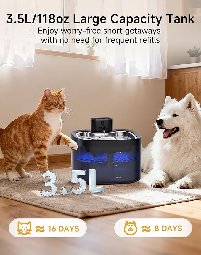 Cat Water Fountain Cordless: Battery Operated 118oz/3.5L Pet Water Fountain for Cats Indoor with Motion Sensor, Stainless Steel Tray, Ultra Quiet, Easy-to-Clean, Gifts for Cats, Dogs (8Filters)