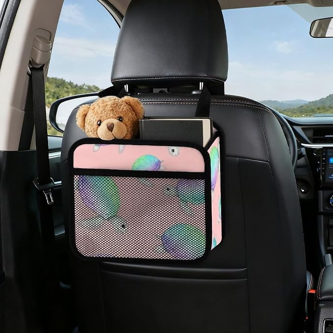 Auto Seat Back Organizer Car Hanging Storage Bag with Mesh Pocket, | Watercolor Sea Turtles Pink, PU Leather Vehicle Backseat Pouch Automotive Interior Accessories