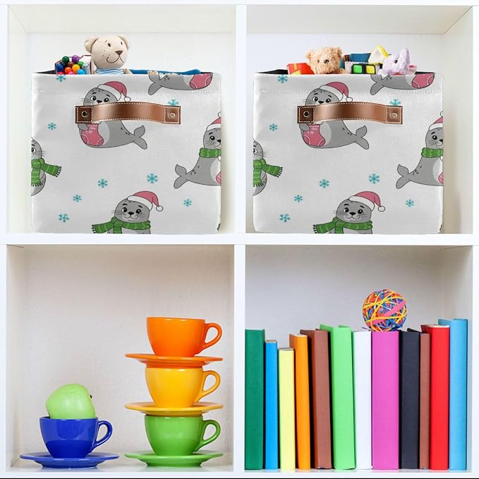 Christmas Seal White Print Rectangular Storage Bin Basket with Handles - Organizer Bin for Books Clothes Laundry Basket for Pets Playroom