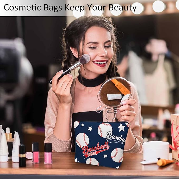 Baseball Makeup Organizer Bag Cosmetic Bag For Men Women, Sports Ball Softball Baseball Blue Travel Toiletry Bag Flax Makeup Bags Purse Business Makeup Pouch For Toiletries Cosmetics