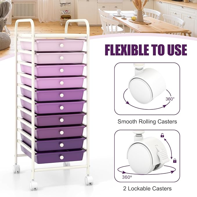 10 Drawer Rolling Storage Cart, Organization Cart on Drawers for Craft Makeup Paper Tool Art Supply, Versatile Utility Cart on Wheels for Home Office Classroom School (Gradient Purple)