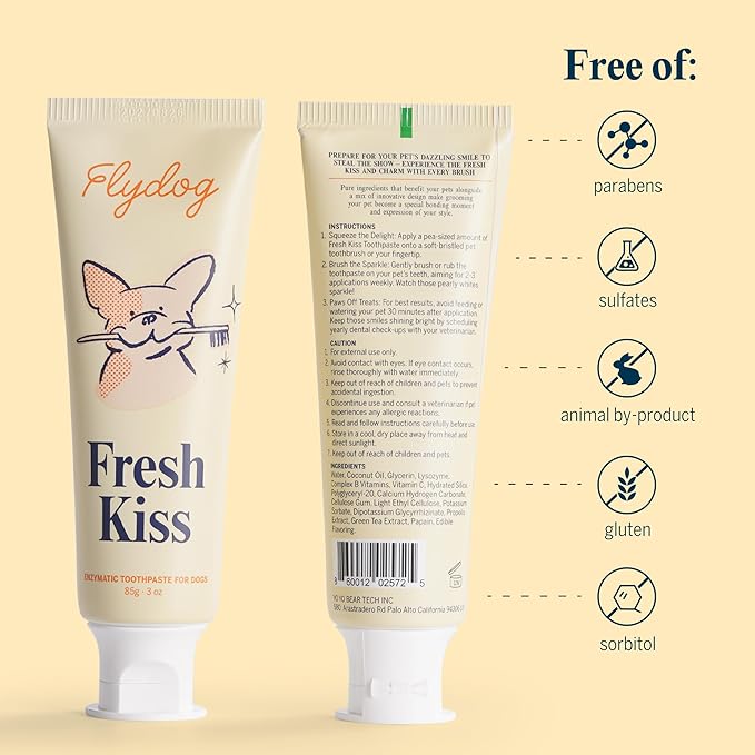Flydog Fresh Kiss Dog Tooth Brushing Kit, Enzymatic Dog Toothbrush and Toothpaste- Vet Approved Formula, Breath Freshener & Tartar Remover, 360° Toothbrush & Finger Brush (Peanut Butter)