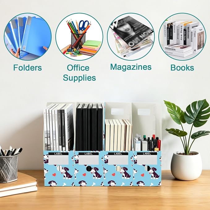 SPRIPORT Cute Pets Puppies Blue Print Water Repellent PP Magazine File Holder Organizer for Desk, Collapsible Storage Rack for Office Library School Document Sorter with Labels 23x30x10cm (3 Pack)