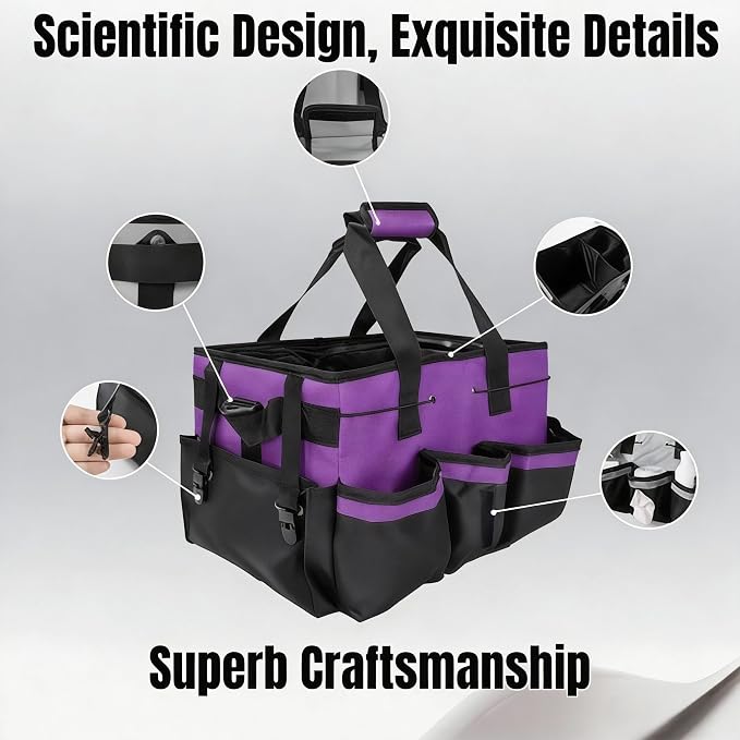 Tool Organizer Tote Bag, Pink and Black, Large Capacity with Adjustable Compartments, Portable Cleaning Storage Caddy, 14.96x10.63x9.06 Inches (Purple)
