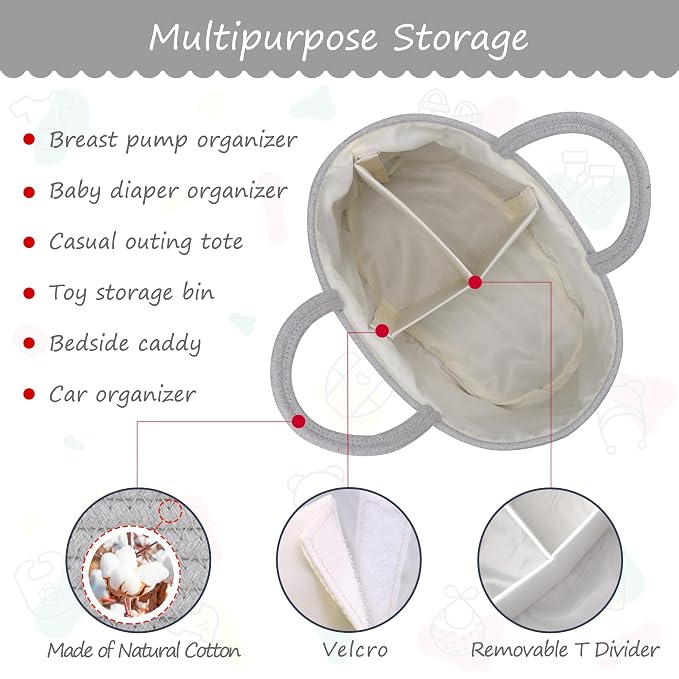 COMSE Large Cotton Rope Baby Diaper Caddy Organizer with Handles, Cool Gray