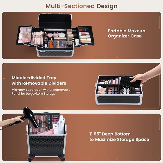 3 in 1 Rolling Makeup Case Cosmetology Case on Wheel Vintage Black | Cosmetic Trolley Large Storage with Keys 360° Swivel Salon Barber Case Traveling Cart Trunk for Artist Hairstylists Nail Tech