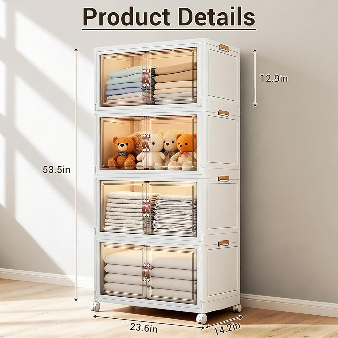 White 320 QT Large Stackable Storage Cabinet, 4-Tier Collapsible Storage Bins with Magnetic Doors & Wheels, XX-Large Plastic Organizer for Closet, Bedroom, Kitchen & Office, Total 80 QT per Tier