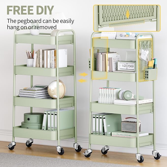 TOOLF 4 Tier Rolling Cart, Metal Utility Storage Cart with Pegboard, Green | 2 Bins & 4 Hooks, Screwless Assembly, Lockable Wheels, Trolley Organizer for Bathroom, Kitchen, Office, Dorm, Craft Room