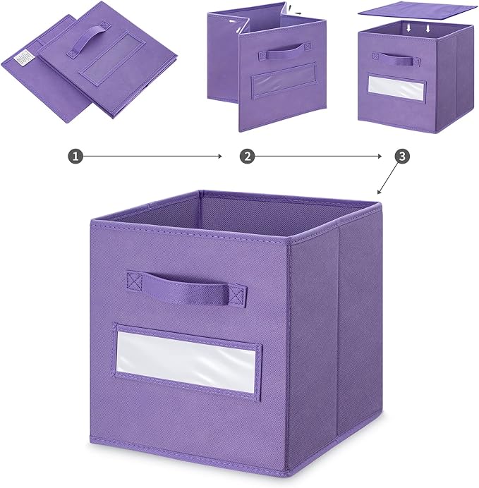 11 Inch Storage Cube,Storage bin,cube storage (Set of 10) Foldable Fabric Cube Storage Bins with 10 Labels Window Cards & a Pen,Baskets Containers for Shelves,Closet Organizers Box,Purple