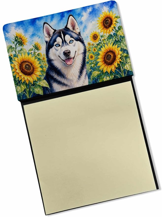 Caroline's Treasures Siberian Husky in Sunflowers Watercolor Sticky Note Holder Refillable Dispenser Desk Accessory 3x3 Pad Gift