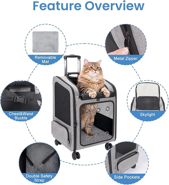 Extra Large Cat Backpack Carrier with Wheels for Cats Under 30 Lbs | Large Space Pet Backpack Carrier for Dogs Puppies Rabbits Other Animals under 25 Lbs, Great for Travel / Hiking / Outdoor Use