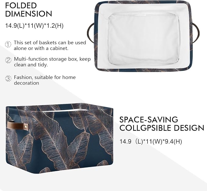 susiyo Gold Palm Leaves Navy Blue Closet Storage Bins with PU Handles, Foldable Fabric Storage Baskets for Shelves, Decorative Baskets Clothes Storage Baskets for Organizing-2Pack
