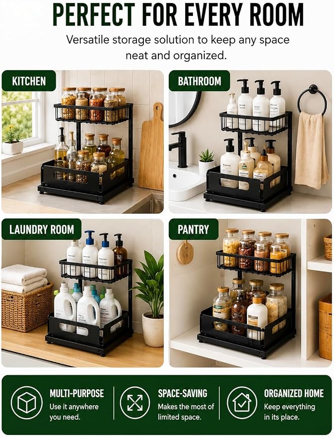 Under Sink Organizer, 2 Tier Adjustable Cabinet Organizer with Slide-Out Drawer, Heavy Duty Metal Storage Rack for Kitchen, Bathroom & Laudry room.