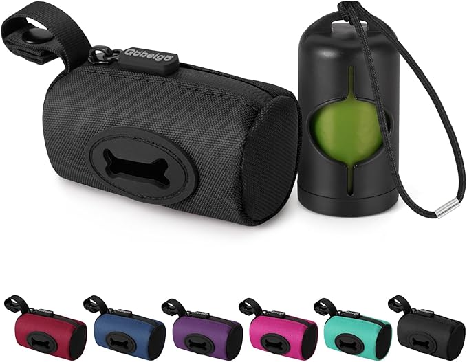 Gobeigo 2-in-1 Dog Poop Bag Holder【Easy Pull-Out Version】(Black) | Hard Plastic Insert & Soft Fabric Bag Snap-On Strap Dispenser Fits Retractable and Standard Leashes with 1 Roll Bags