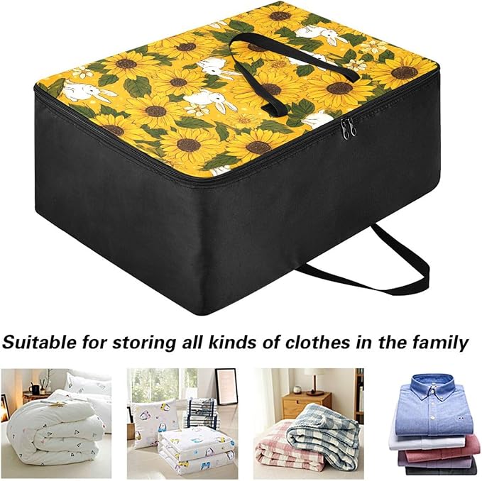 Comforter Storage Bags Large Folding Blanket Organizer Bag with Strong Handles Clear Window Closet Storage Containers for Clothes King Queen Pillows Bedding Quilt Duvet Autumn Sunflower and Cut