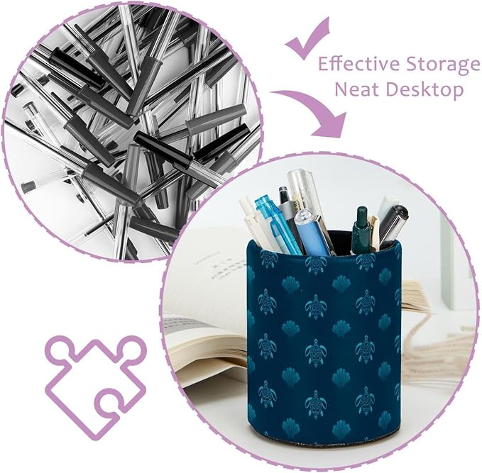 Faux Leather Pen Holder for Desk, Pencil Organizer Sea Turtle Pen Cup Desk Decor Makeup Brush Holder Storage for Office Home
