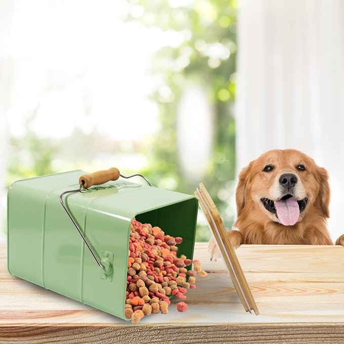 Morezi Metal Dog Food Storage Container 5~6 lbs, Pet Food Treat Canister | Airtight Dog Treat Food Storage Tin with Wooden Lid and Scoop- Powder Coated Carbon Steel- for Dry Dog Cat Food Kibble-Green