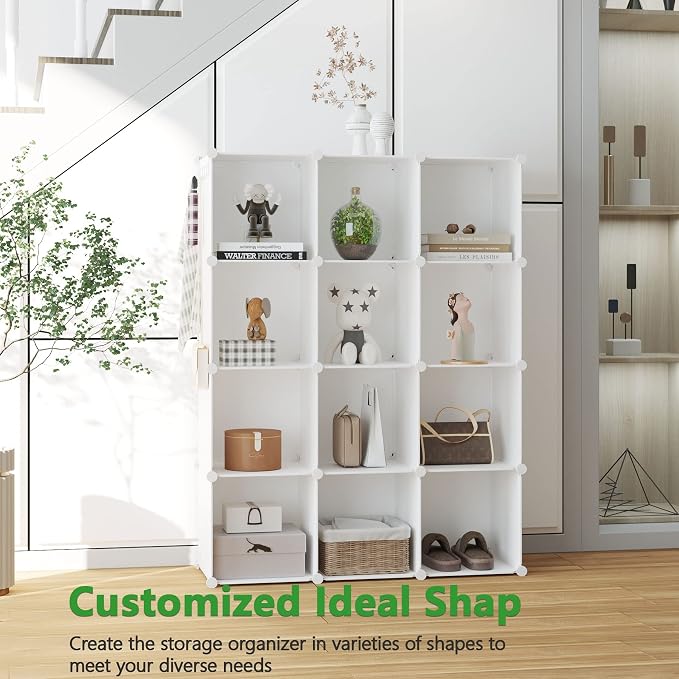 C&AHOME Cube Storage Organizer, 12-Cube Shelf Units, Closet Cabinet Milky | DIY Plastic Modular Bookshelf, Stackable Clothes Organizer Shelving Ideal for Home, Bedroom, 36.6" L x 12.4" W x 48.4" H