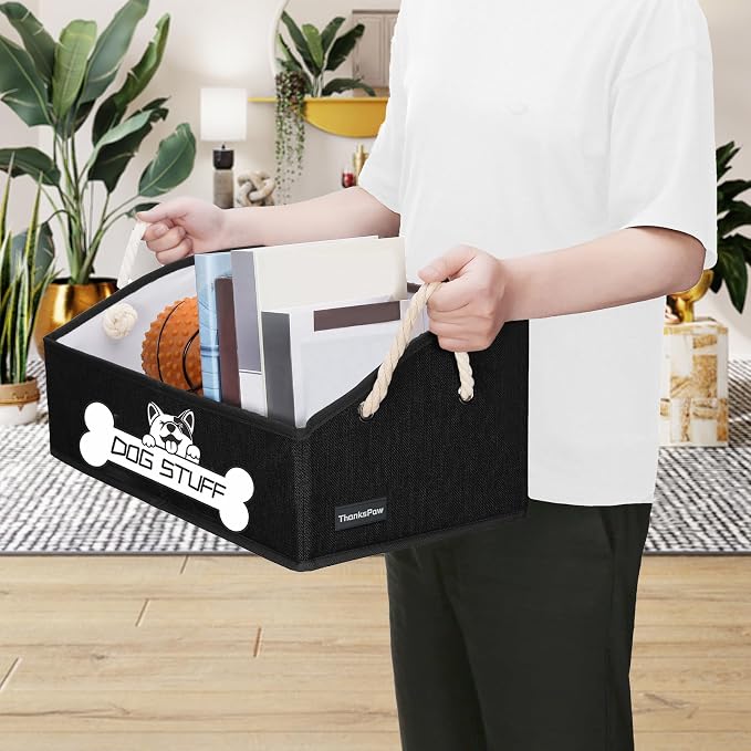 Dog Toy Basket, Storage Bin, Collapsible Box for Pet Accessories | Fabric Container With Handle, Trapezoid Holder for Small Medium dogs, Organizer for Living Room, Black