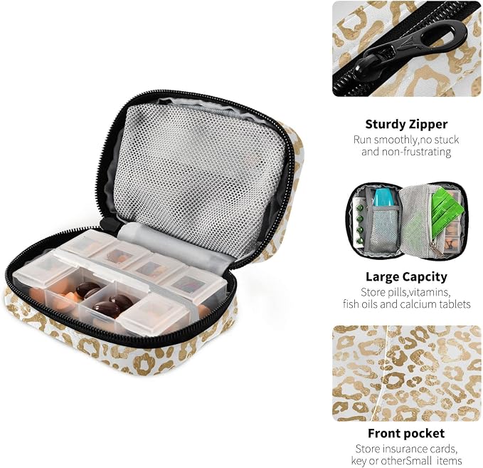 Gold Leopard Print Pill Case, Weekly Portable Pill Bag Container 7 Days Pill Box Organizer Vitamin Supplement Holder with Zipper for Travel Family Business