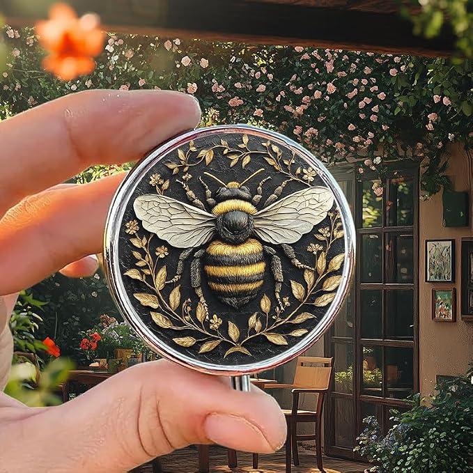 Portable Round 3 Compartment Metal Pill Box Beautiful Bumblebee Stereoscopic Relief Detailed Oil Painting for Travel First aid pet Care and organizing Small Items