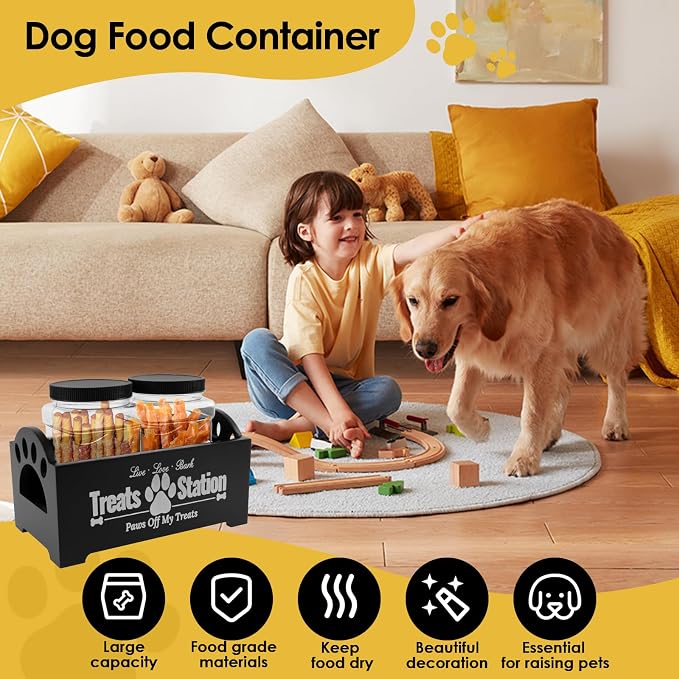 UKQRRTC Wood Dog Treat Container with Jars and Stickers Anti Deformation Space Saving Dog Treat Organizer Dog Treat Station for Countertop (Black)