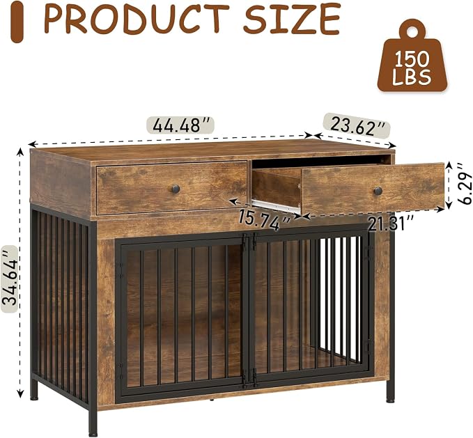 PUKAMI Large Dog Crate Furniture with 2 Drawers, 44 Inch Wooden Dog Kennel Indoor, Crate Furniture as Decorative End Table, Cage Furniture for Small Medium Large Dogs (New Brown, 2-Pack Set)