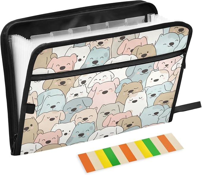 Cute Cartoon Dogs Expanding File Folder with Sticky Labels, 13 Pockets Accordion File Folder Document Organizer Expandable Zip File Folder with Zipper Closure