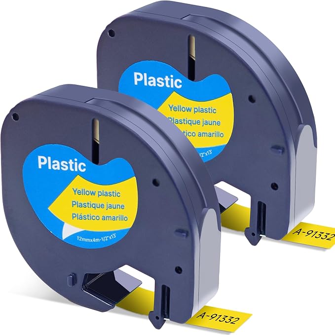 Replace for Dymo Label Maker Letratag Tape Refills 91332 S0721620 LT Plastic Cassette Black on Yellow,1/2 Inch X 13Feet,2Pack