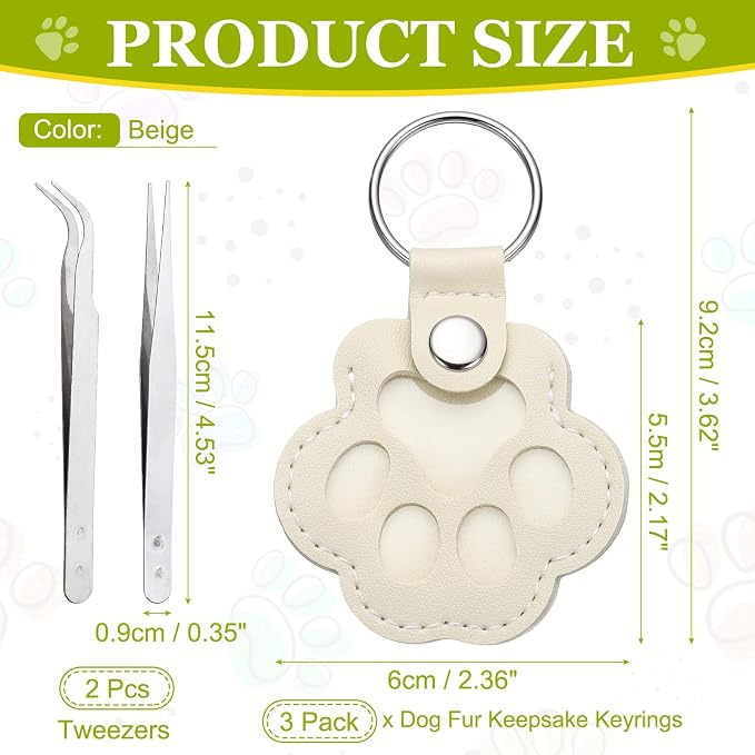 Dog Fur Storage Keychain, Pet Fur Keepsake Keyrings, Paw Shaped, Pet Hair Keepsake Keychains with Tweezers
