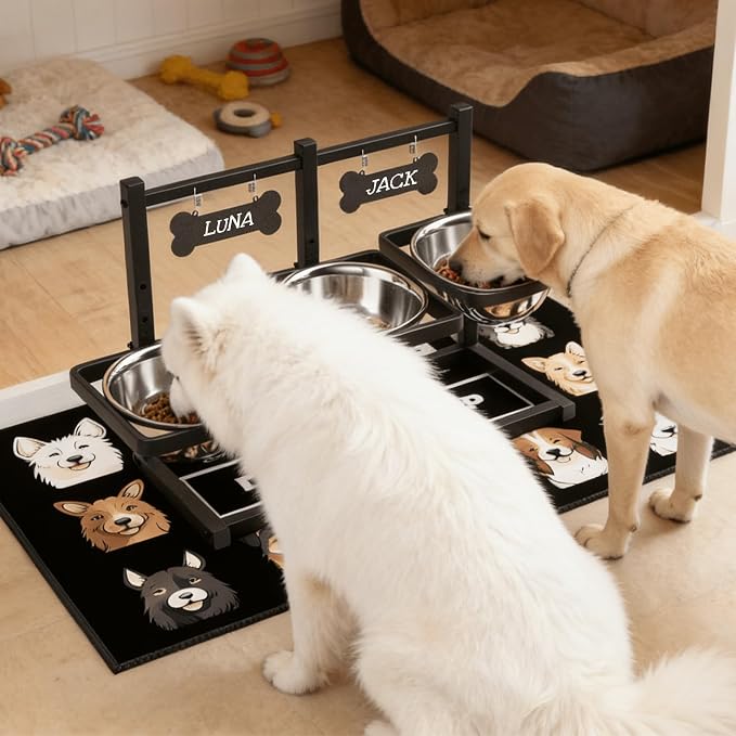 Elevated Dog Bowls for Large Dogs, 6 Height Adjustable Raised Stand with Mat, Two Signature Cards and Three 1700ML Bowls, for Large Breed and Multi-Pet Households