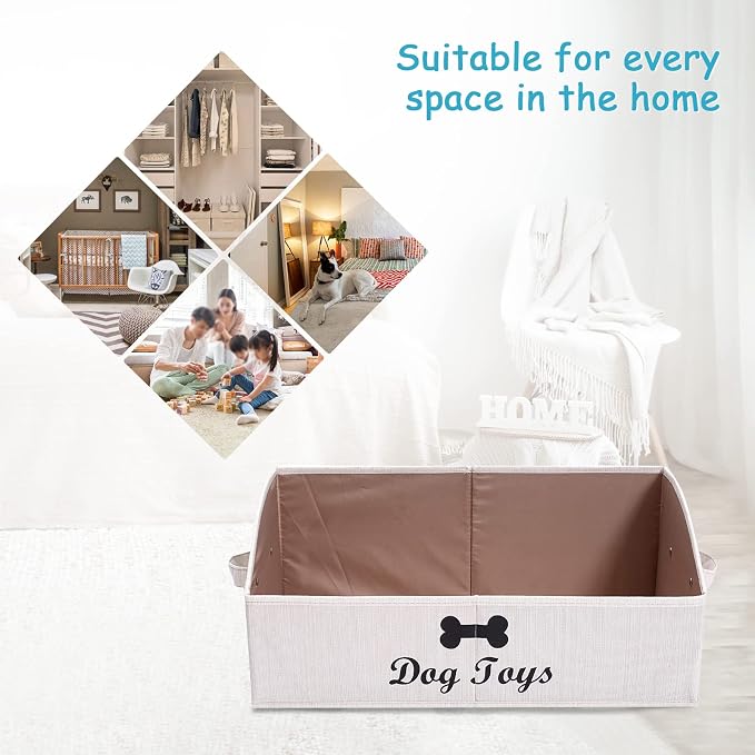 Linen-Cotton Blend Dog Toy Basket,Collapsible Dog Toy Box,Dog Toy Bin Storage-Perfect for Organizing Pet Toys,Blankets,Leashes,Rope Toys,Clothing - Beige