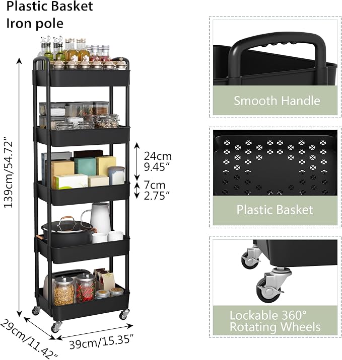 Sywhitta 5-Tier Plastic Rolling Utility Cart with Wheels,Black | Multi-Functional Storage Trolley, for Office, Living Room, Kitchen, Bathroom,Movable Organizer,Space-Saving,Easy to assemble