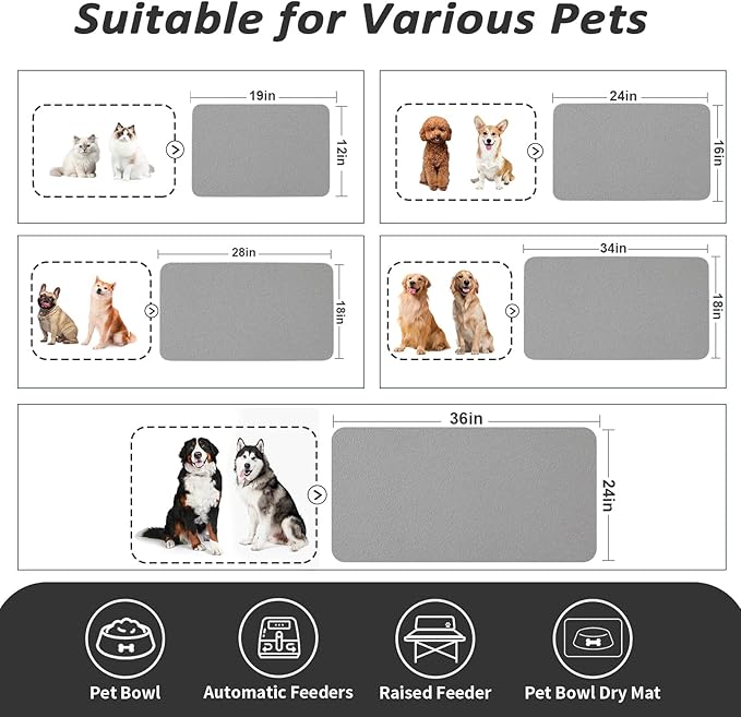 HotLive Dog Food Mat - Absorbent Cat Mat for Food and Water, No Stains Pet Feeding Bowl Mat, Easy to Clean Pet Placemats, Quick Dry Dog Water Dispenser Mat for Messy Drinkers | Grey 16"x 24"
