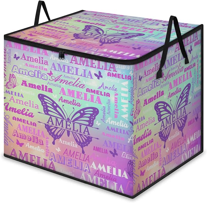 Custom Name Large Clothes Storage Organization with Lids, Shelf Basket, Bedding Clothes Towel Storage Bin for Nursery, Gift Basket, Pet Basket, Coloful Gradient Galaxy Purple Green with Butterfly
