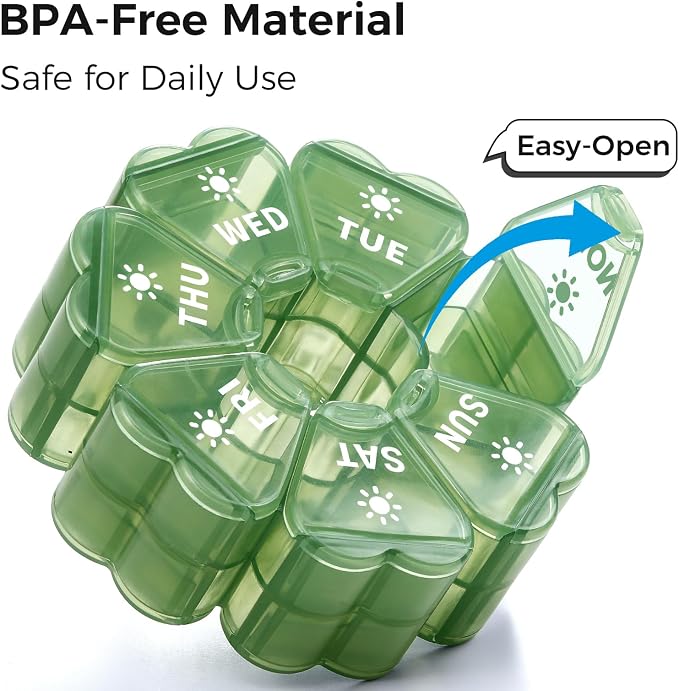 LANDNEOO Weekly Pill Organizer 2 Times a Day, Cute Double-Sided AM PM Pill Case 7 Day, Green Travel Pill Box for Medication, Vitamins, Fish Oils, Supplements - Green