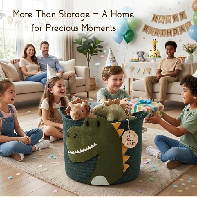 Nursery Storage Basket, Large Woven Cotton Rope Baby Bin with Dinosaur design, Strong Handles, Baby-Safe Kids Toy Organizer for Stuffed Animals, Laundry Hamper, Foldable & Washable (Dinosaur 35L)