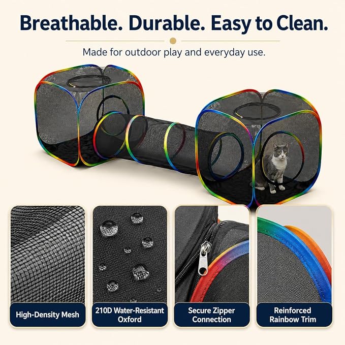 Outdoor Rainbow Cat Enclosures Playground,Outside House for Indoor Cats Include Portable Tent, 2 Way with 2 Cube Tunnel, for Kitty and Small Animals,Within Storage Bag
