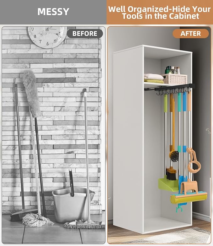 Pull Out Broom Holder With Adjustable Double Row Sliding Hook-Black 22in | High Load Capacity, Multifunctional Slide Broom And Mop Storage/Garage Organization Hooks, for Closet Laundry, kitchens