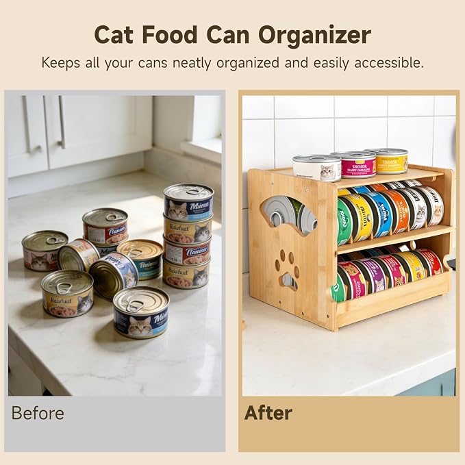Wooden Cat Food Can Organizer, FIFO Can Storage Rack with Auto Rotation, Two Tier Pet Food Holder for 36 Cans 3 oz, Space Saving Countertop Organizer for Pantry and Kitchen Storage