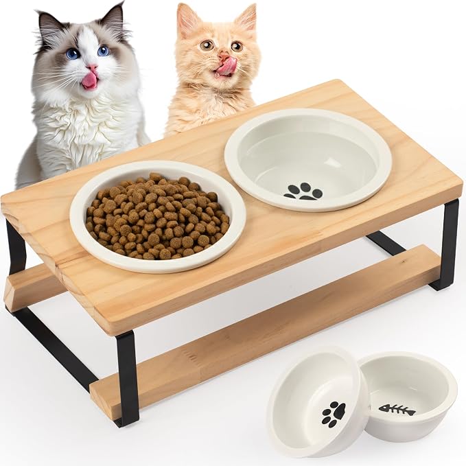 getlstub Elevated Cat Bowls with Wood Stand - Raised Cat Food and Water Bowls for Indoor Cats & Small Dogs, 15°Tilted High Ceramic Anti-Vomit Pet Feeder, Whisker Fatigue Friendly