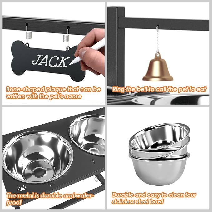 ADENGL Elevated Dog Bowl Stand with 4 Stainless Steel Bowls (1700ml/58oz) – 9 Height Adjustable Raised Pet Feeder from 4.9" to 14.5" for Large Dogs & Multi-Pet Homes, with Bone Name Tag
