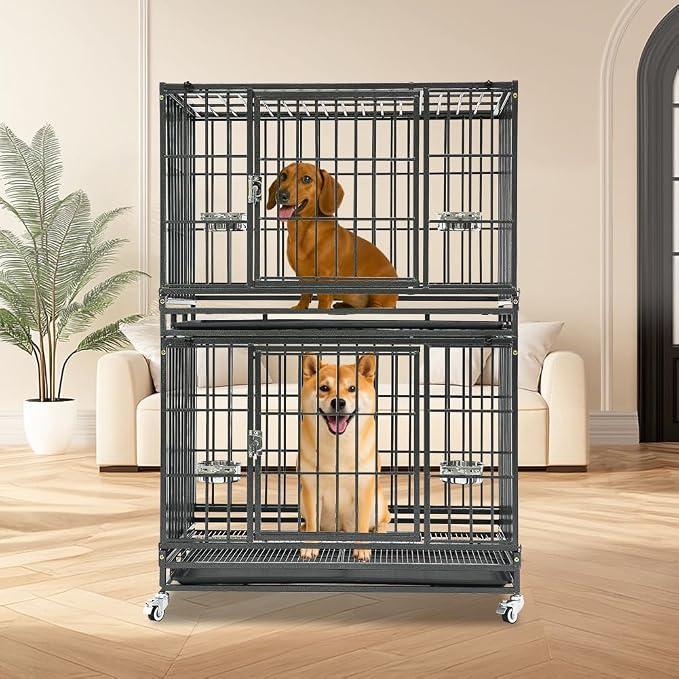 Homey Pet 37 Inch Two Tiers Stackable Dog Crates for Medium Dogs | Indestructible Heavy Duty Dog Cage with with Lockable Wheels, Removable Tray, Opent Top, Escape Proof Locks, Bowls