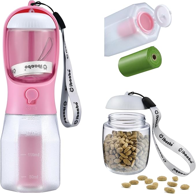 Cibaabo Dog Water Bottle with Food Container & Poop Bag Holder & Filter | Feeding & Hydration & Waste All in One | Travel Puppy Water Bowl | Portable Pet Dispenser | Girl Dog Accessories for Walking