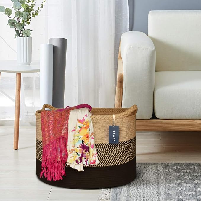 COMSE XXXLarge Woven Blanket & Laundry Basket, 87L, Brown & Black | 21.7" x 13.8", Cotton Rope, Nursery Hamper for Storage of Toys Clothes Towels, Ideal for Living Room Bedroom Bathroom