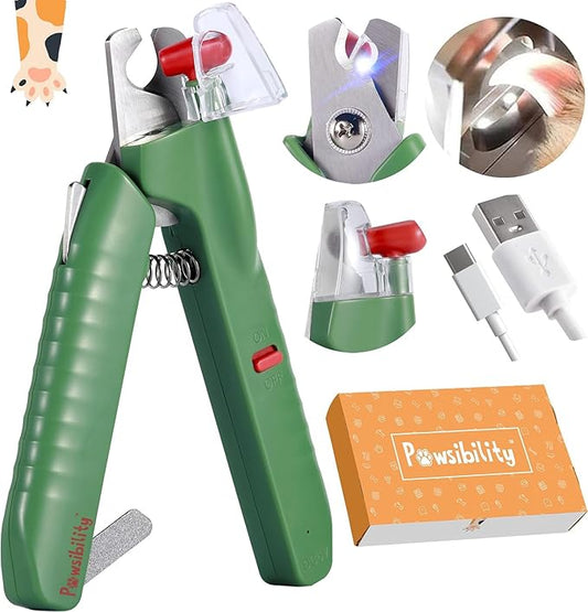 Pawsibility - Reinvented Pet Nail Clippers for Your Pal - [USB Rechargeable] - LED Light for Bloodline | Razor Sharp and Durable Blade | Vets Recommended Trimming Tool for Dogs and Cats - Green