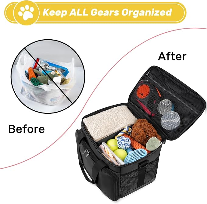 6 Set Dog Travel Bag, Large Pet Travel Kit for Supplies, Black | Includes 2 Food Containers, 1 Pet Organizer for Dogs, 2 Collapsible Bowls, 1 Treat Pouch, Dog Weekend Overnight Bag Luggage