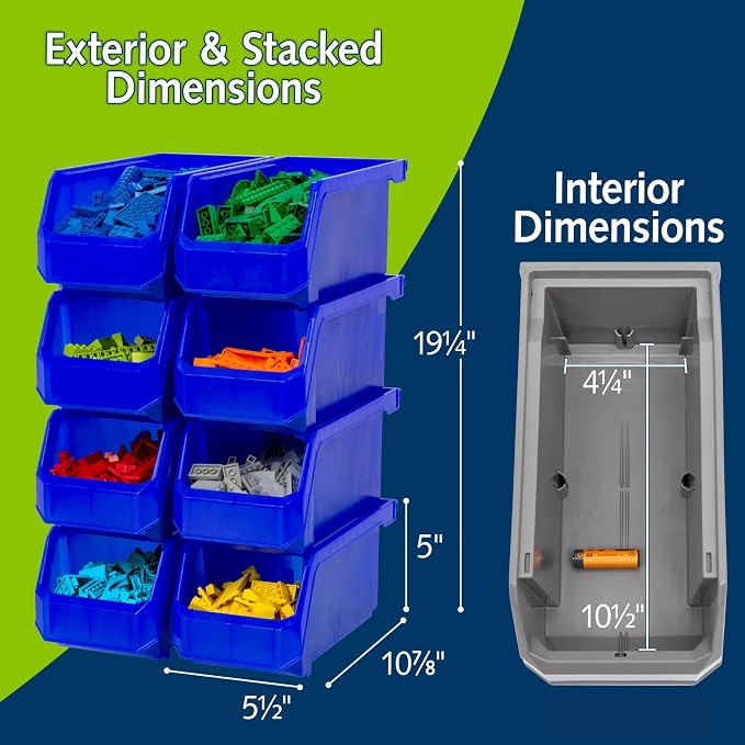 Medium Stackable Plastic Storage Bins, 8-Pack, Blue | Open-Front Stackable Bins For Garage, Pantry, Closet & Office, 11"L X 5,5"W X 5"H, Nests When Empty, Durable Plastic,