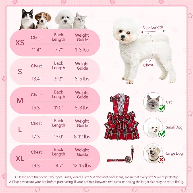 Coppthinktu Plaid Dog Dresses for Small Dogs Girl Bowknot Harness Leash Set