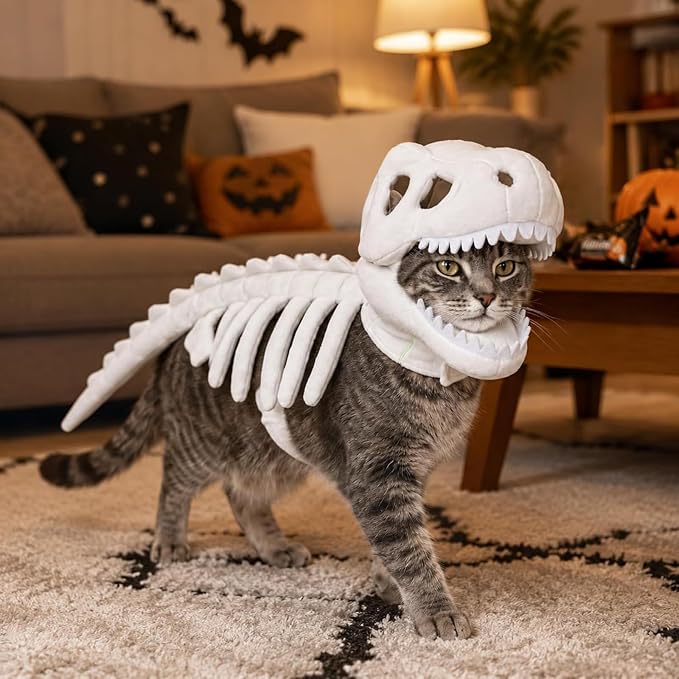 Glow-in-the-Dark Dinosaur Skeleton Cat Costume (M) | Plush Halloween Pet Hood Outfit with Soft Fabric, Easy-On Design, Perfect for Party, Trick-or-Treat & Holiday Photo Fun